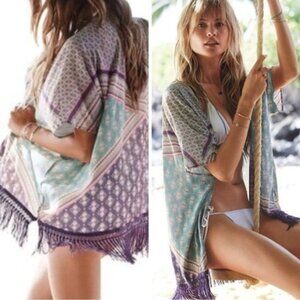 Victoria’s Secret Kimono Swimsuit Coverup Open Front Cardigan Fringe Trim XS